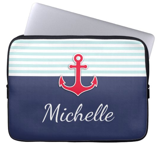 Nautic Dark Blue Red Design Individuelle Name Laptopschutzhülle (Vorderseite)
