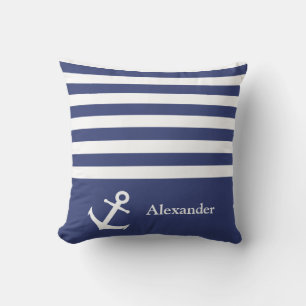 Nautic Dark Blue und White Stripes Name Anker Kissen