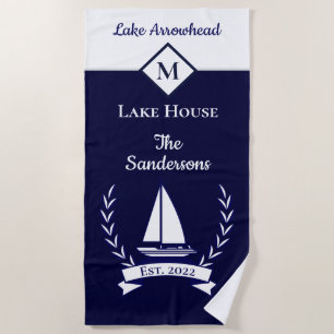 Nautic Dark Navy Blue White Monogram Lake House Strandtuch
