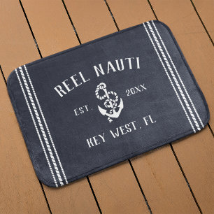 Nautic Dark Navy Rustic Anchor   Ihr Bootname Badematte