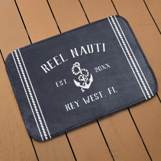 Nautic Dark Navy Rustic Anchor | Ihr Bootname Badematte