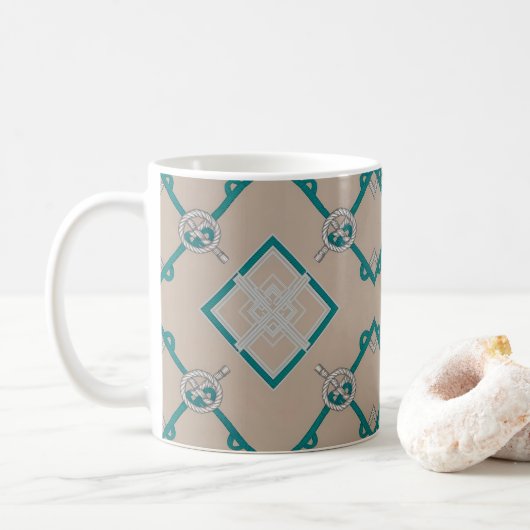 Nautic Diamond Knoten Aquamarin, Beige, Weiß Kaffeetasse (Mit Donut)