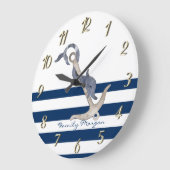 Nautic, Dolphin Anchor Blue Stripes Große Wanduhr (Winkel)