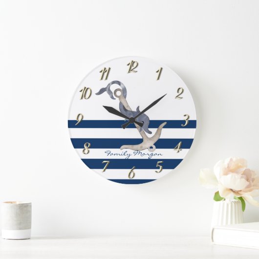Nautic, Dolphin Anchor Blue Stripes Große Wanduhr (Zuhause)