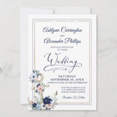 Nautic Elegant Floral Anchor Navy Gold Hochzeit Einladung (Vorderseite)