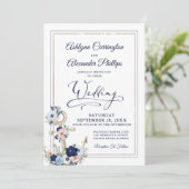 Nautic Elegant Floral Anchor Navy Gold Hochzeit Einladung (Stehend Vorderseite)