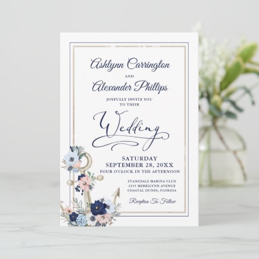 Nautic Elegant Floral Anchor Navy Gold Hochzeit Einladung (Stehend Vorderseite)