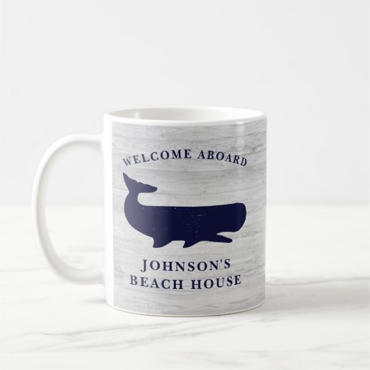 Nautic Familienname Beach House Whale Navy Blue Kaffeetasse (Links)