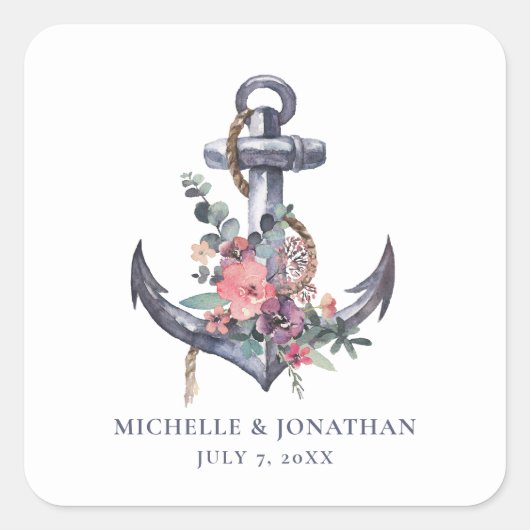 Nautic Floral Anchor Hochzeitsgeschenk Gunst Bag Quadratischer Aufkleber (Vorderseite)