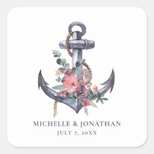 Nautic Floral Anchor Hochzeitsgeschenk Gunst Bag Quadratischer Aufkleber