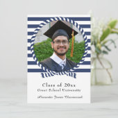 Nautic Foto Navy Blue White Stripes Abschluss Ankündigung (Stehend Vorderseite)