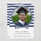 Nautic Foto Navy Blue White Stripes Abschluss Ankündigung (Vorne/Hinten)