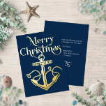 Nautic Frohe Weihnachts Anchor Navy Gold Folien Feiertagskarte<br><div class="desc">Diese elegante Gold- und Marineschuh-Weihnachtskarte ist mit einer echten Goldfolie versehen,  die auf der Rückseite eine Urlaubsbotschaft zum Thema "Ozean" enthält.</div>