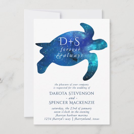 Nautic Galaxy Sea Turtle | Monografische Hochzeit Einladung (Vorderseite)