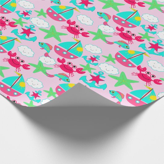 Nautic Gift Wrap Blue Pink Yellow Green Crabs Geschenkpapier (Ecke)