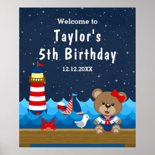 Nautic Girl Bear Red Navy Geburtstag Willkommen Poster