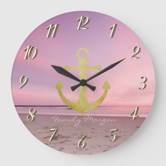 Nautic Gold Anchor Beach Sunset Große Wanduhr (Vorderseite)