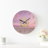 Nautic Gold Anchor Beach Sunset Große Wanduhr (Zuhause)