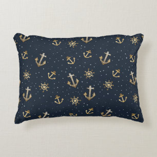 Nautic Gold Anchor & Helm Muster auf Blue Dekokissen