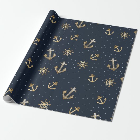 Nautic Gold Anchor & Helm Muster auf Blue Geschenkpapier (Ungerollt)