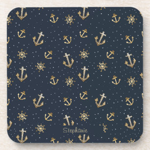 Nautic Gold Anchor & Helm Muster auf Blue Getränkeuntersetzer