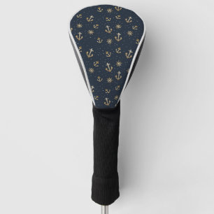 Nautic Gold Anchor & Helm Muster auf Blue Golf Headcover
