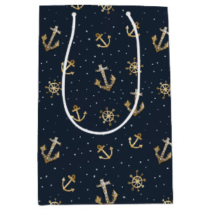 Nautic Gold Anchor & Helm Muster auf Blue Mittlere Geschenktüte