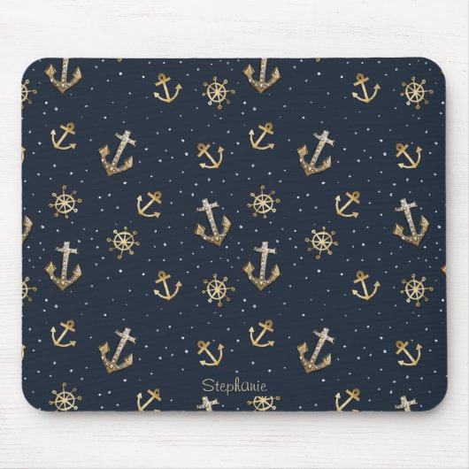 Nautic Gold Anchor & Helm Muster auf Blue Mousepad (Vorne)