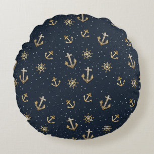 Nautic Gold Anchor & Helm Muster auf Blue Rundes Kissen