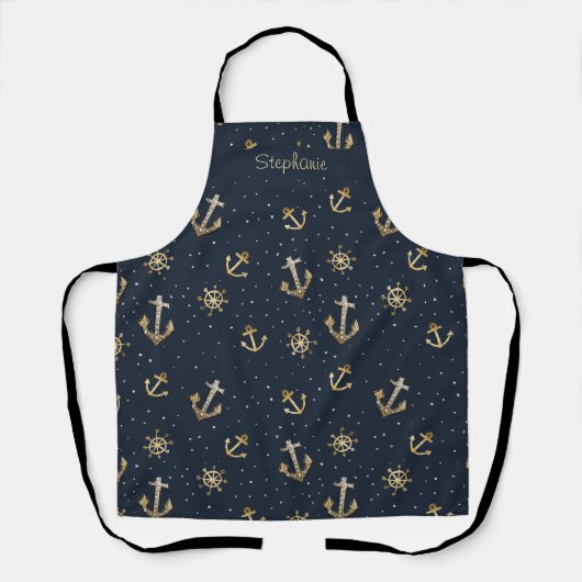 Nautic Gold Anchor & Helm Muster auf Blue Schürze (Vorderseite)