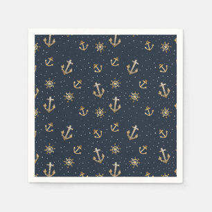 Nautic Gold Anchor & Helm Muster auf Blue Serviette