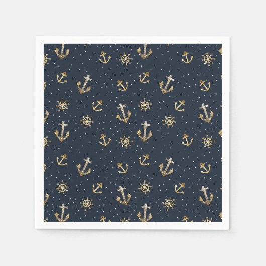 Nautic Gold Anchor & Helm Muster auf Blue Serviette (Vorderseite)