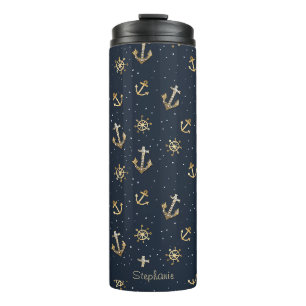 Nautic Gold Anchor & Helm Muster auf Blue Thermosbecher