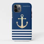 Nautic, Gold Anchor Navy Blue Striping Case-Mate iPhone Hülle (Rückseite)