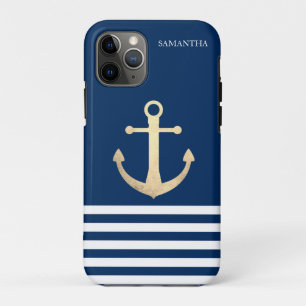 Nautic, Gold Anchor Navy Blue Striping Case-Mate iPhone Hülle
