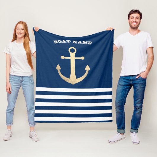 Nautic, Gold Anchor Navy Blue Striping Fleecedecke (Beispiel)