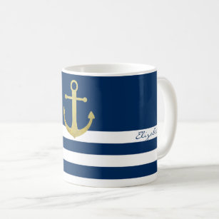 Nautic, Gold Anchor Navy Blue Striping Kaffeetasse