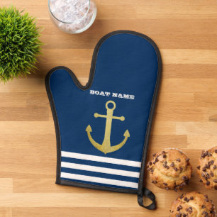 Nautic, Gold Anchor Navy Blue Striping Ofenhandschuh