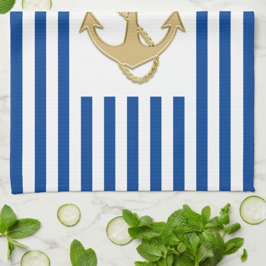 Nautic Gold Anker auf Blue Stripes Hand oder Geschirrtuch (Gefaltet)