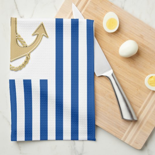 Nautic Gold Anker auf Blue Stripes Hand oder Geschirrtuch (Viertel Falte)