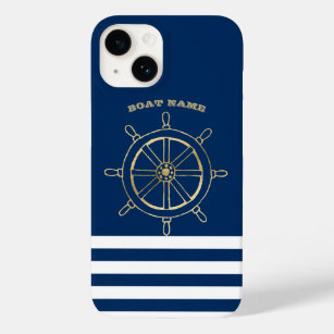 Nautic, Gold Boat Wheel, Navy Blue Stripes Case-Mate iPhone 14 Hülle