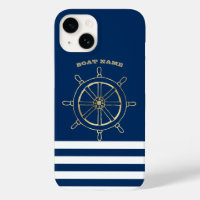 Nautic, Gold Boat Wheel, Navy Blue Stripes