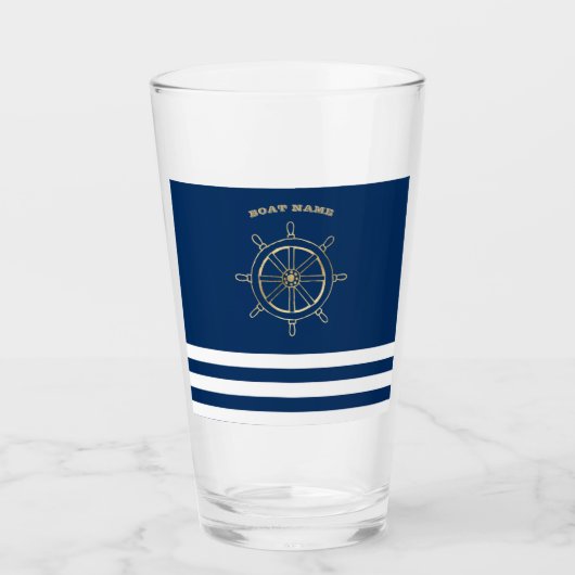 Nautic, Gold Boat Wheel, Navy Blue Stripes Glas (Vorderseite)