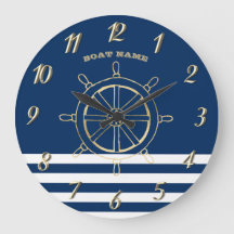 Nautic, Gold Boat Wheel, Navy Blue Stripes