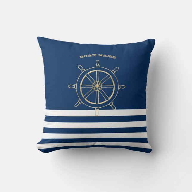 Nautic, Gold Boat Wheel, Navy Blue Stripes Kissen (Vorderseite)