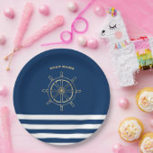 Nautic, Gold Boat Wheel, Navy Blue Stripes Pappteller (Party)