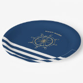 Nautic, Gold Boat Wheel, Navy Blue Stripes Pappteller (Schrägansicht)