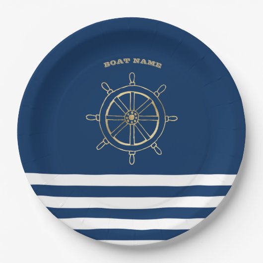 Nautic, Gold Boat Wheel, Navy Blue Stripes Pappteller (Vorderseite)