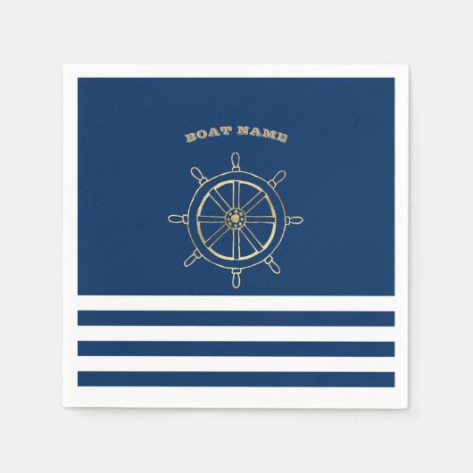 Nautic, Gold Boat Wheel, Navy Blue Stripes Serviette (Vorderseite)