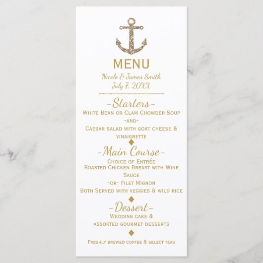 Nautic Gold Glitzer Anchor Glamour Menu Card Menükarte (Vorderseite)